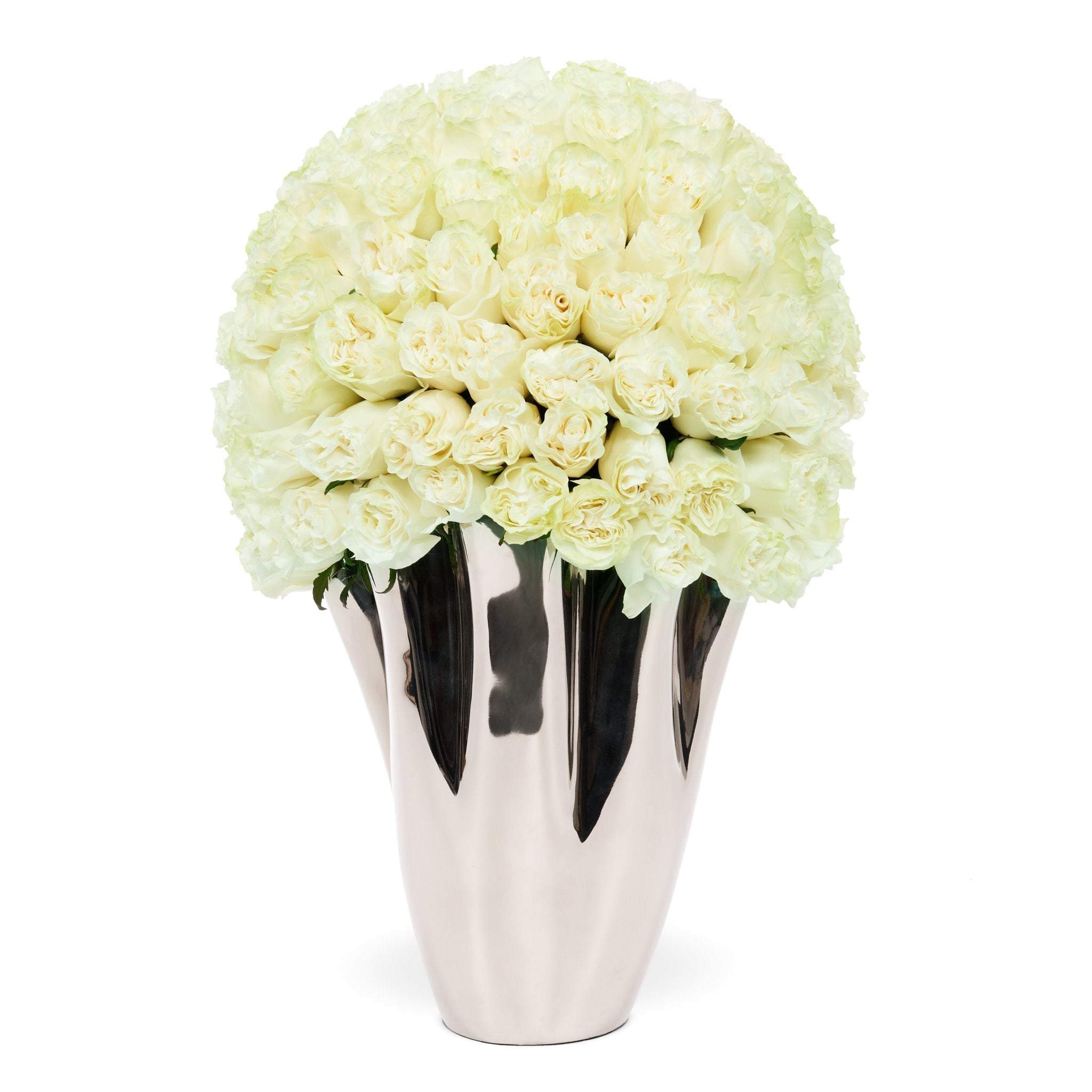 Silver vase with white flowers on a white background