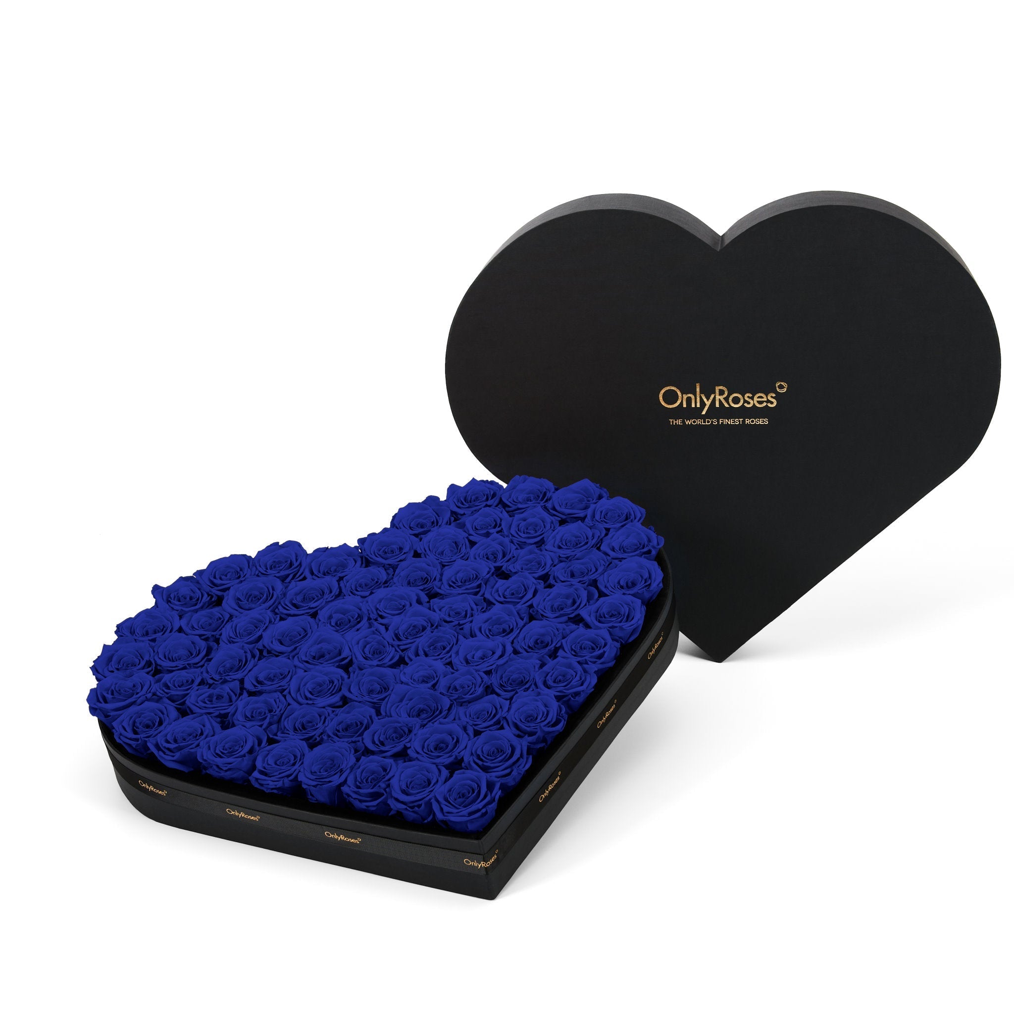 Heart-shaped box of blue roses with 'Only Roses' branding on a white background