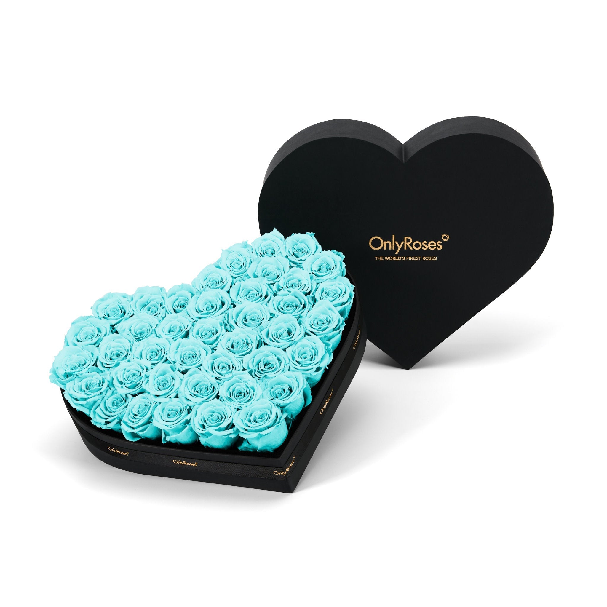 Heart-shaped box of turqouise roses with 'OnlyRoses' branding on a white background