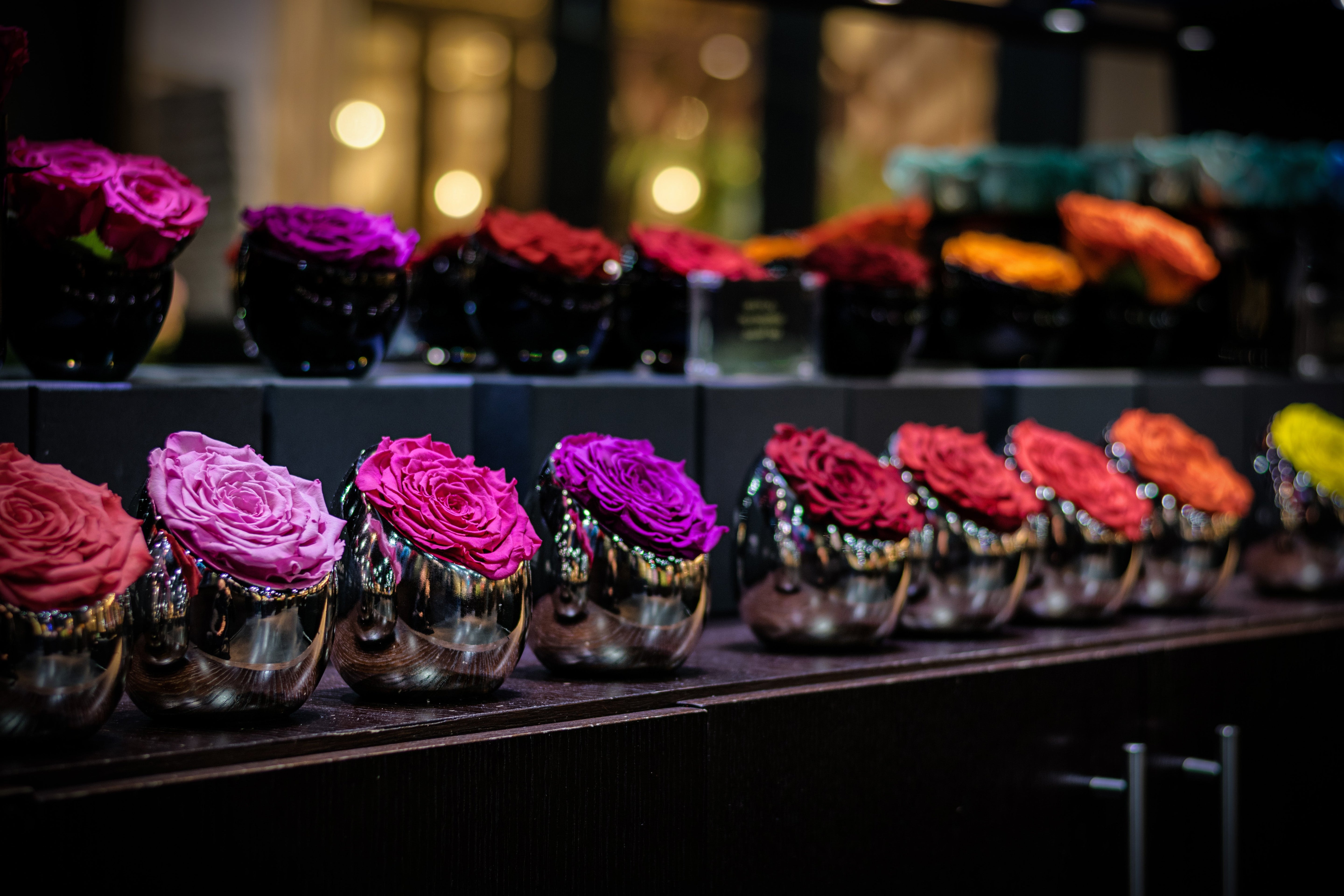 Decorative flowers in metallic vases on a dark background