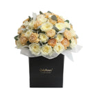 Bouquet of flowers in a black box with 'OnlyRoses' branding on a white background