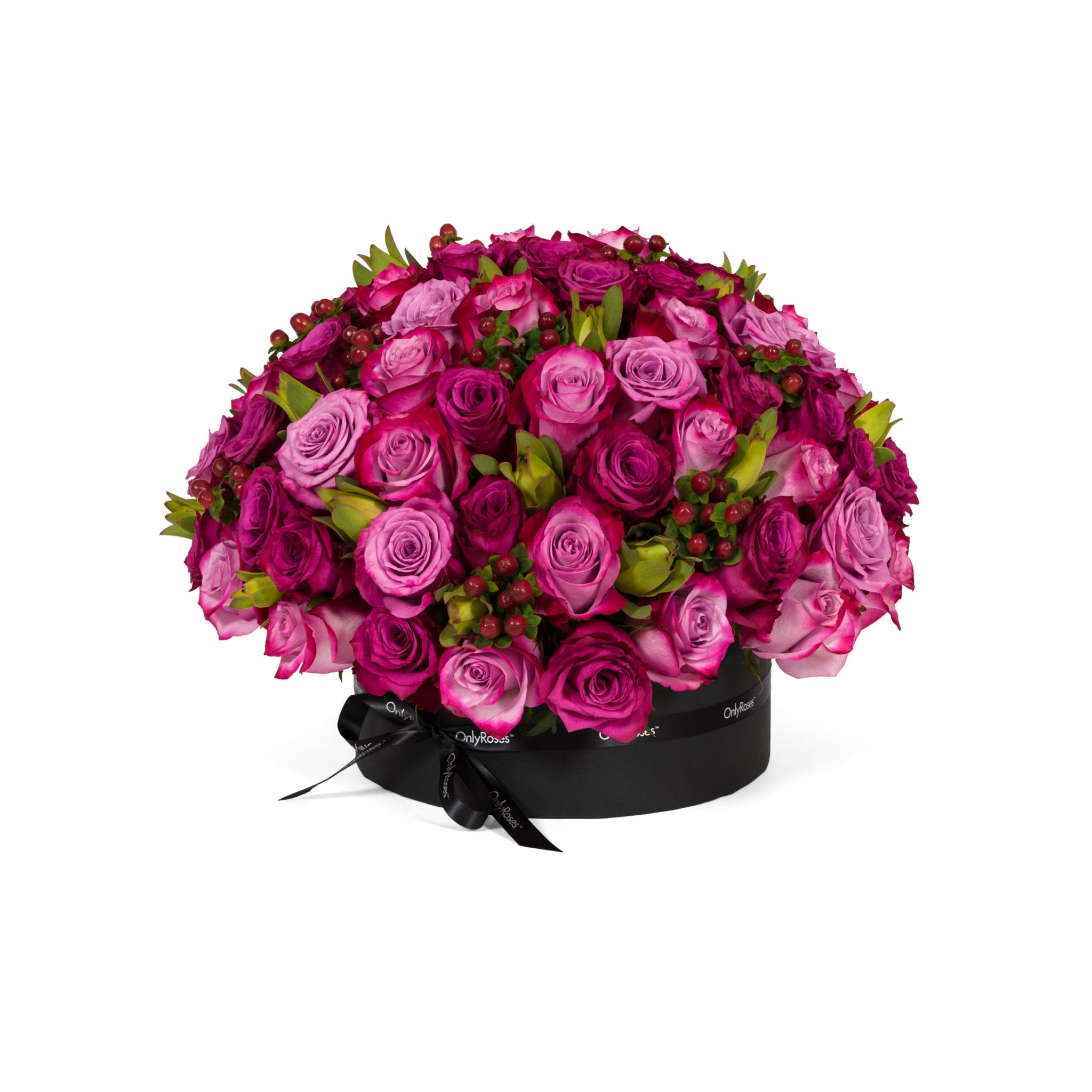 Bouquet of pink roses in a black box on a white background