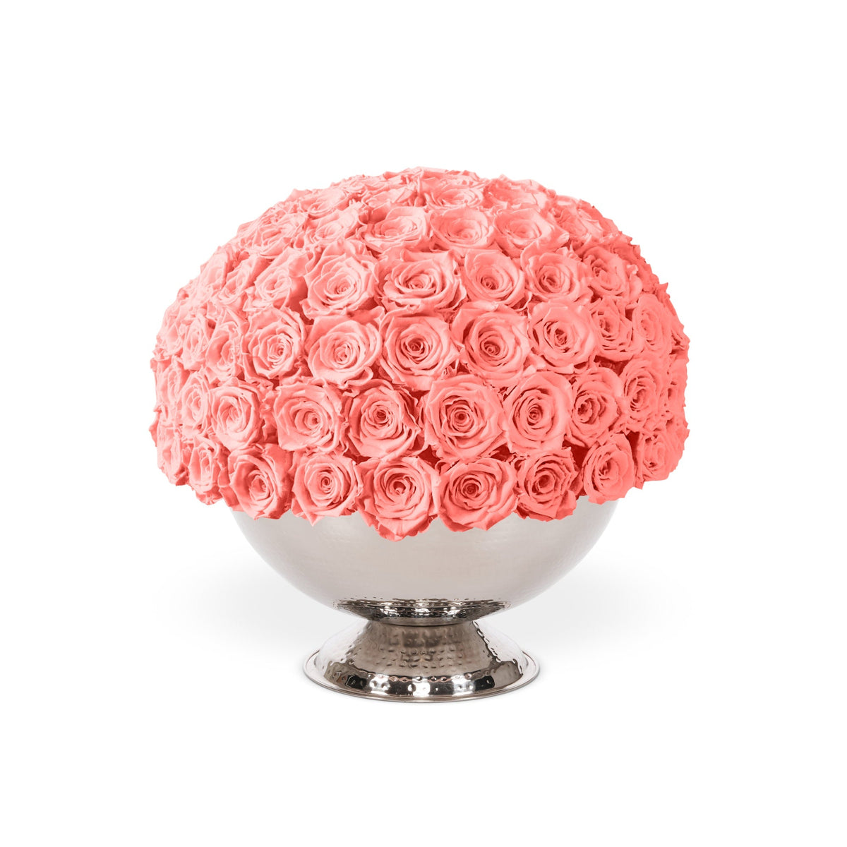 Spherical arrangement of pink roses on a white background