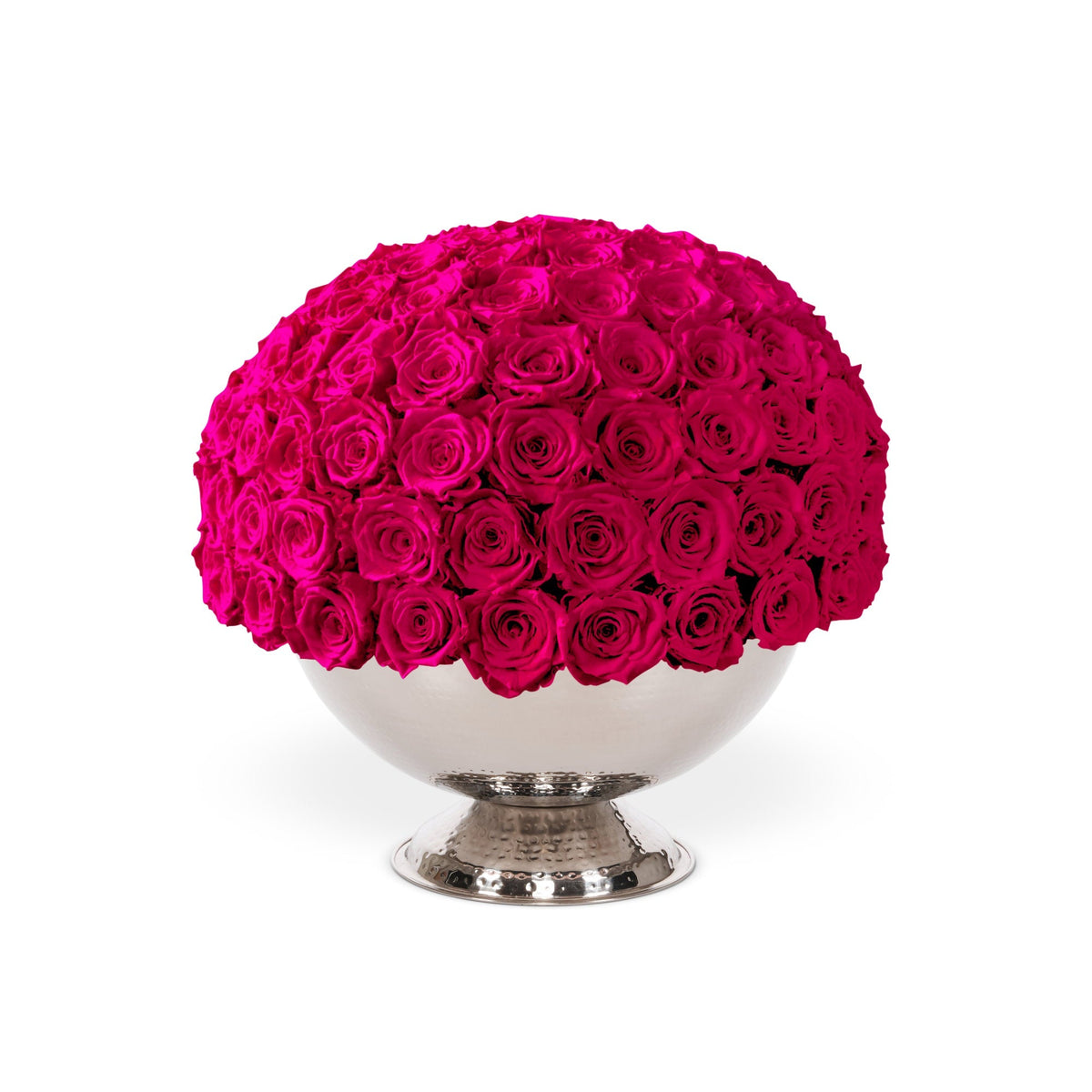 Bouquet of bright pink roses in a white vase on a white background