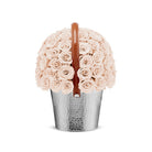 Decorative basket filled with beige roses on a white background