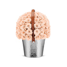 Bouquet of peach roses in a silver metal container with a brown handle on a white background