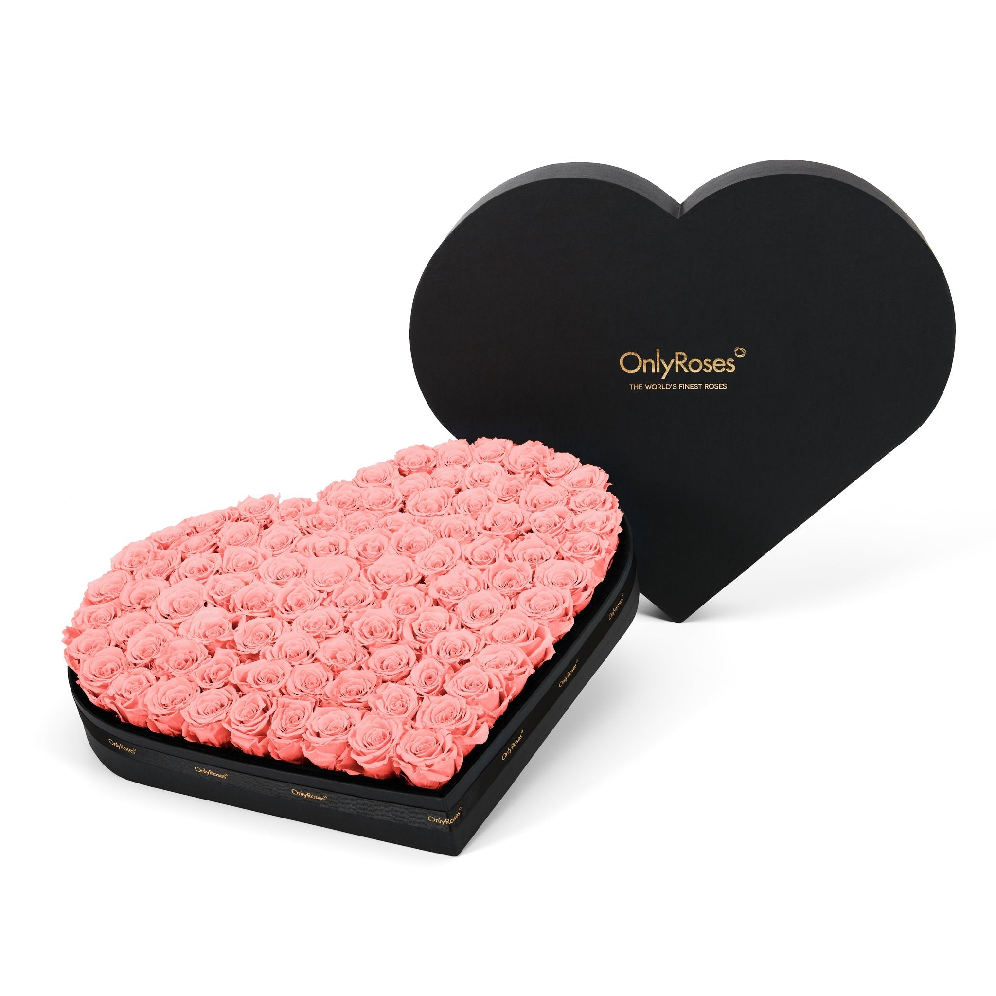 Heart-shaped box of pink roses with 'OnlyRoses' branding on a white background