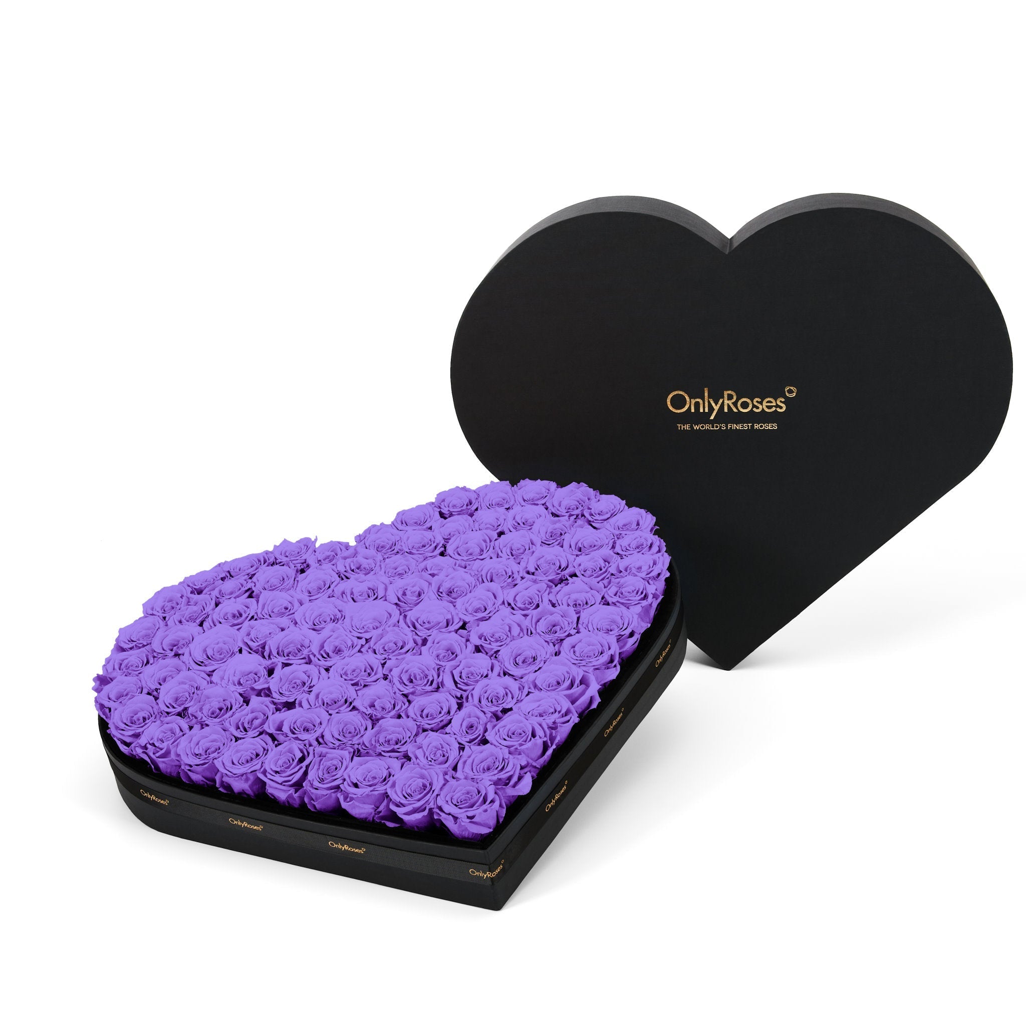 Heart-shaped box of purple roses with 'Only Roses' branding on a white background