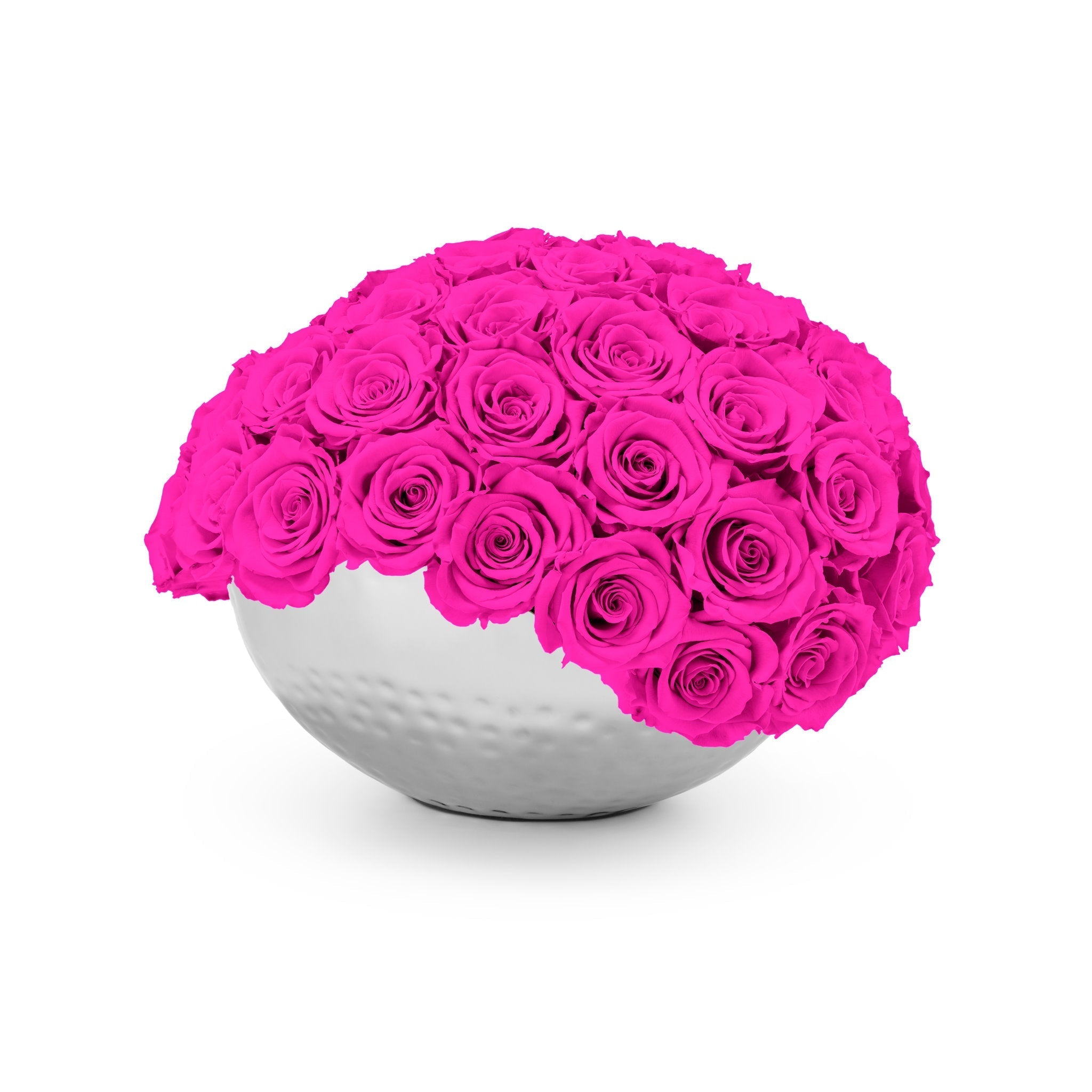 Spherical arrangement of pink roses in a white vase on a white background