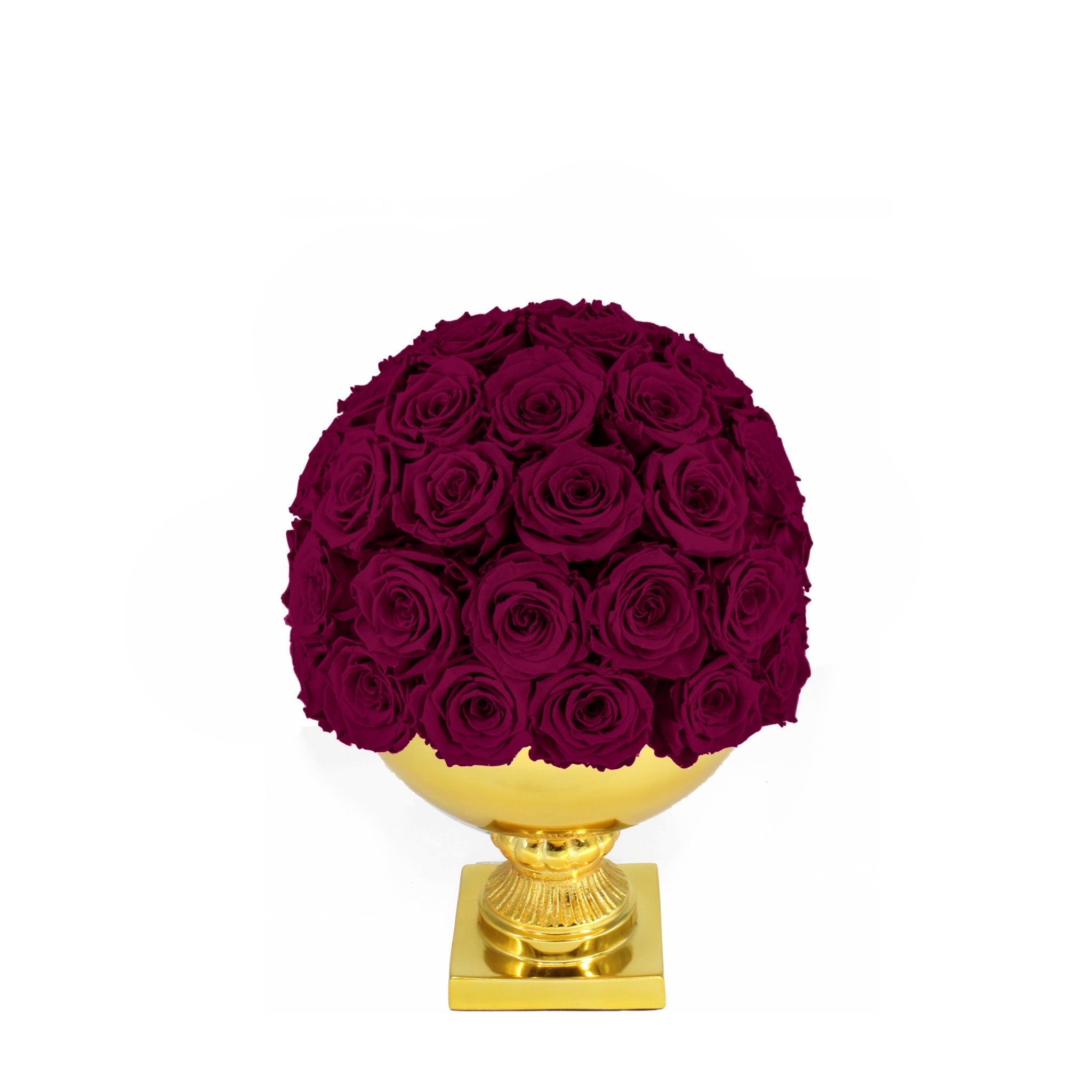 Bouquet of dark red roses on a gold pedestal against a white background