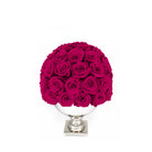 Bouquet of bright pink roses in a white vase on a white background