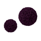 Two round bouquets of dark purple roses on a white background