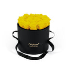 Black round box with yellow flowers and 'Only Roses' branding on a white background