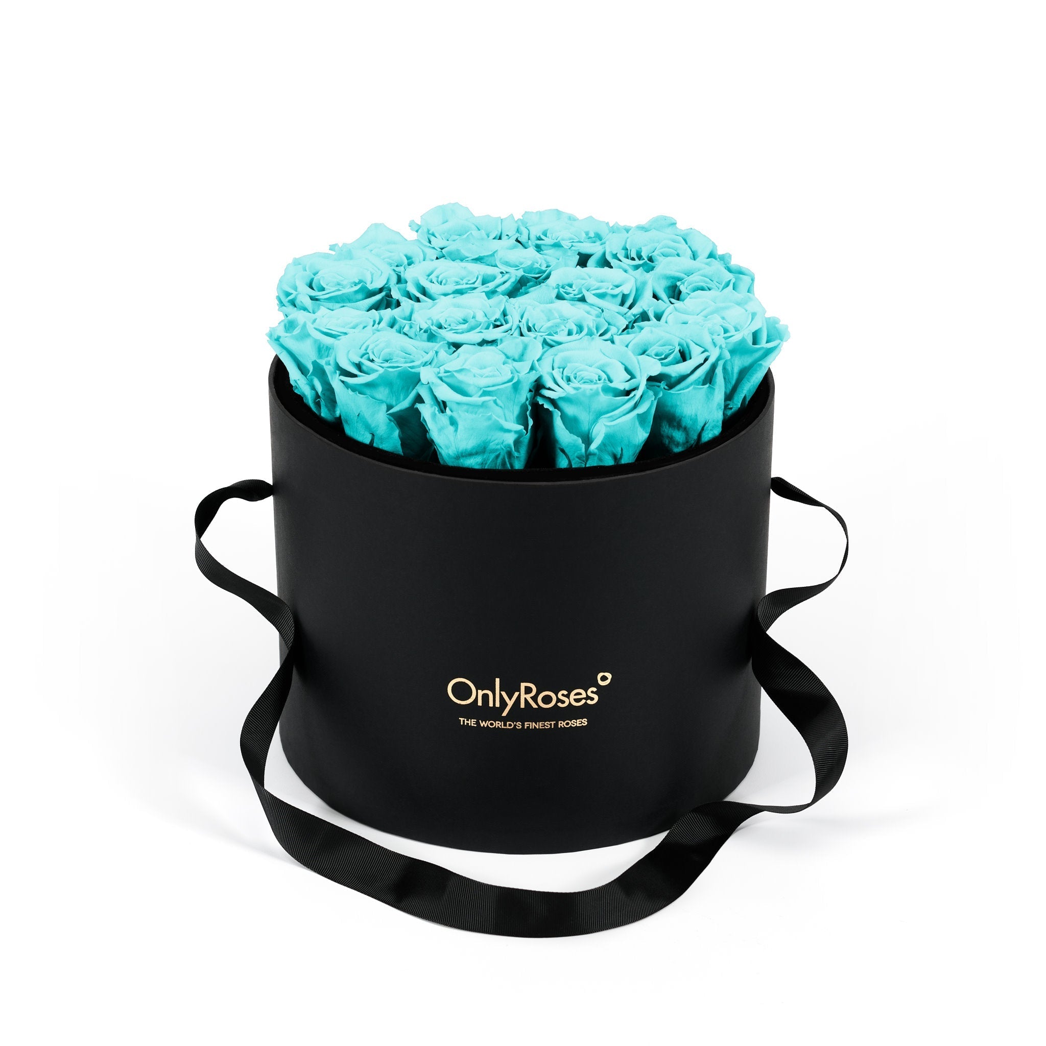 Black round box with turquoise roses and 'Only Roses' logo on a white background