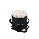Black round box with white roses and 'Only Roses' branding on a white background